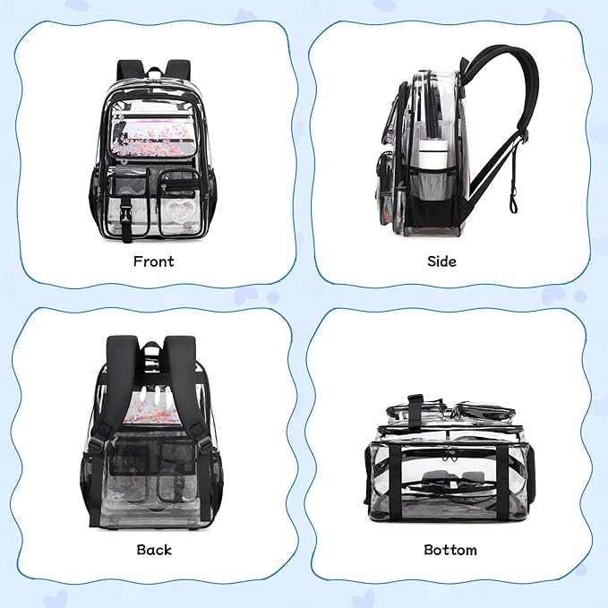 MOONBABY Clear Backpack for Girls, Clear Bookbag Heavy Duty Transparent Backpack for Stadium Events, See Through Back Pack for Kindergarten Elementary Middle High School, Black