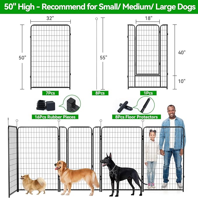Kfvigoho Dog Playpen Outdoor Extra Wide 8 Piece Panels Heavy Duty Dog Fence 50" Height Anti-Rust with Doors Portable for RV Camping Yard, Total 21FT, 35 Sq.ft, Snowy Black