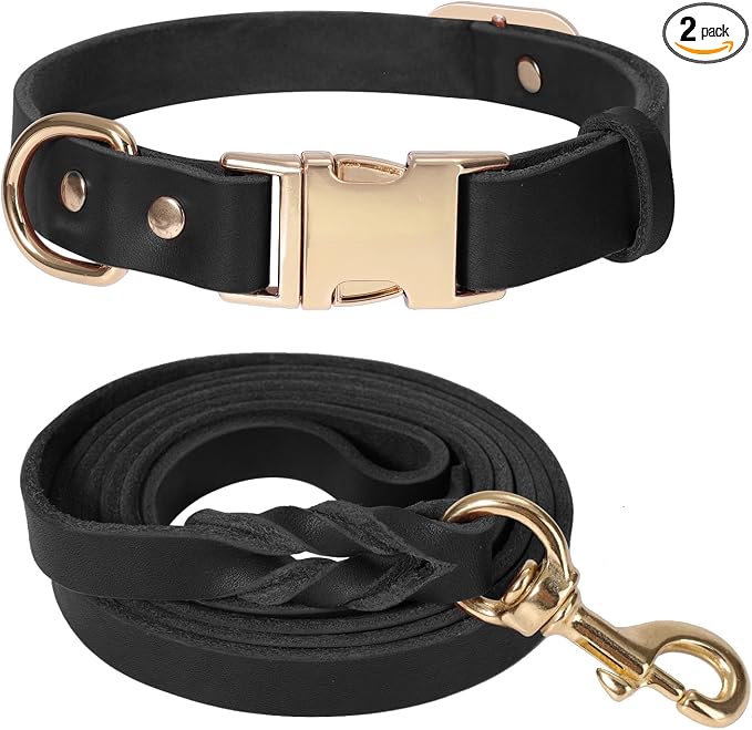 LWBMG 6FT Leather Dog Collar and Leash Set, Heavy Duty Dog Leash and Collar with Metal Buckle, Adjustable Pet Collar Set, Soft Puppy Leash and Collar Set for Medium Large Dogs Black