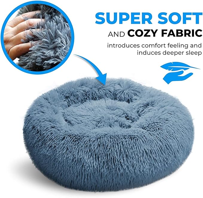 Whiskers & Friends Cat Beds for Indoor Cats, Fluffy Calming Donut Cat Bed, Small Dog Bed Washable - Orthopedic Soft Plush Pet Beds Sized for Kitten to Large Cats & Puppy to Small Dogs - Navy Grey 20''