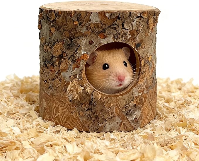 Hamster Hideout, Natural Wooden Habitat House for Hamsters & Other Small Pets - Hideaway Shelter with Entry Holes for Cage Enrichment