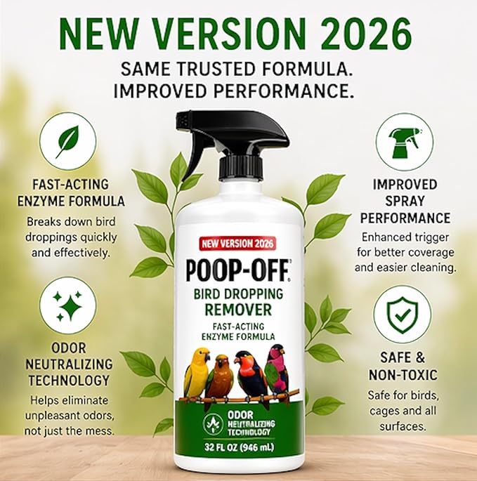 Poop-Off Bird Dropping Remover Spray, 32 oz – Fast-Acting Enzyme Formula, New Version 2026, Odor Neutralizing, Safe for Cages, Carpets & Surfaces