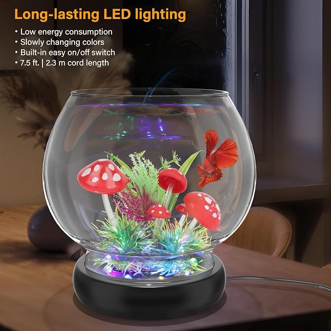 hygger 0.5 Gallon/1 Gallon Glass Fish Bowl with LED Light and Decor, Small Round Betta Fish Tank Goldfish Bowl, Round Clear Unbreakable Aquarium/Vase/Hydroponic Plant Terrarium, Nice Centerpieces