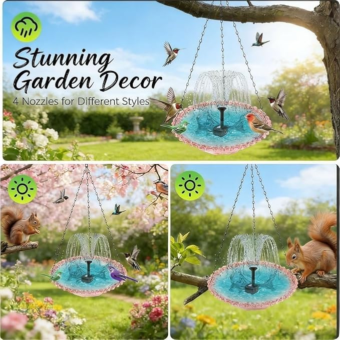 Hanging Solar Bird Bath Fountain with Water Pump, Plastic Basin, 4 Nozzles, Sturdy Metal Chains, Outdoor Garden Decor (Cannot Spray Water, Pink)