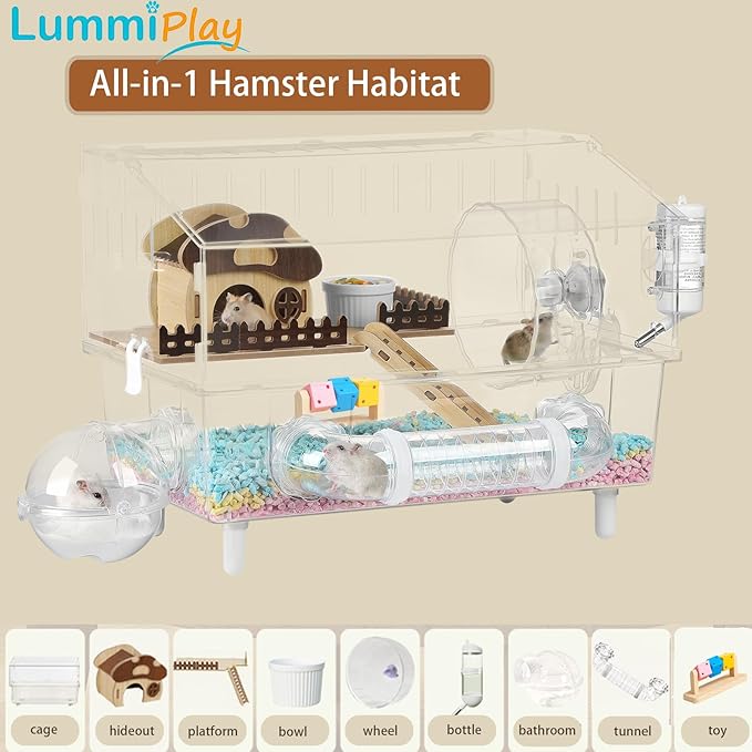 9 in 1 Acrylic Hamster Cage with all accessories and an activity tube,2-layer Hamster House,transparent viewing,top open Mouse Cage for pet mice,Hamster Habitat for Dwarf Hamster,Gerbils;18"x11"x13.4"