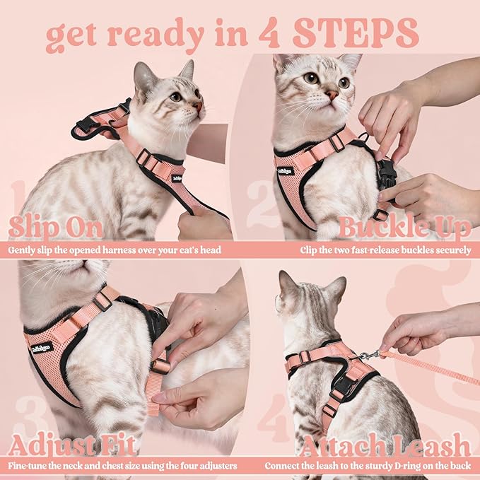 rabbitgoo Cat Harness and Leash for Walking, Escape Proof Soft Adjustable Vest Harnesses for Cats, Easy Control Breathable Reflective Strips Jacket, Light Salmon Pink, XS