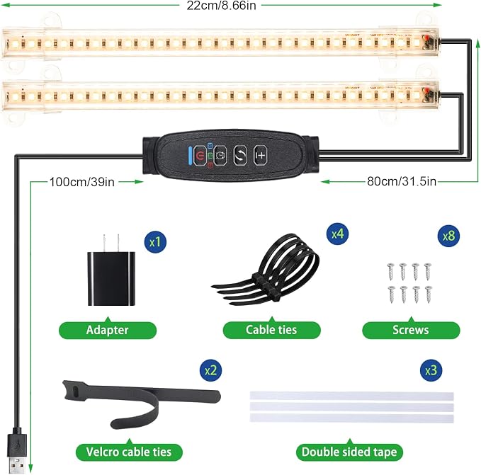 8.6'' Mini LED Grow Light Strips, Full Spectrum 3000K, 52 LED Plant Light with 3/9/12H Timer, 10 Dimmable Levels for Seedling, Succulent and Plant Shelf, 2 Head