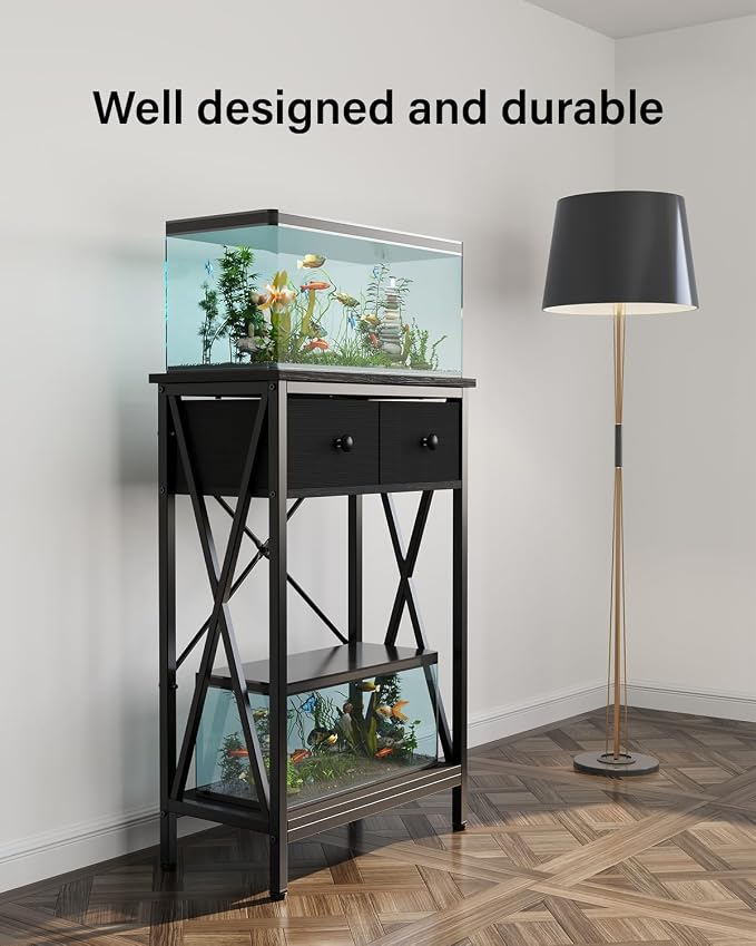 Fish Tank Stand with Drawer, 5-10 Gallon Aquarium Stand Easy Assemble | Stable Metal Frame, 2-Tier Breeder Reptile Turtle Terrarium Table Fits Office Home, 19.4"x11" MDF Tabletop, 220 lbs Capacity
