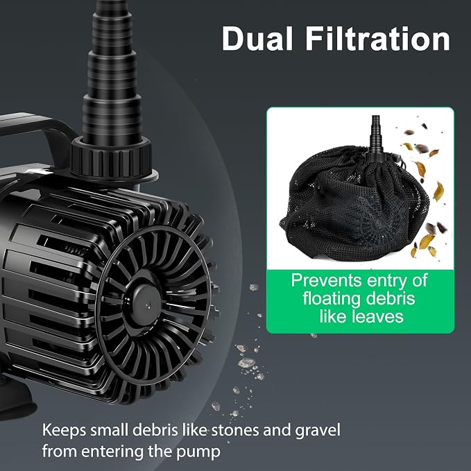 3200 GPH Pond Pump for Fish Pond Fountain & Waterfall, 18ft Lift | 150W Submersible Water Pump, 180° Rotatable Outlet, Filter Bag & 20FT Power Cord, Ultra-Quiet, UL Listed