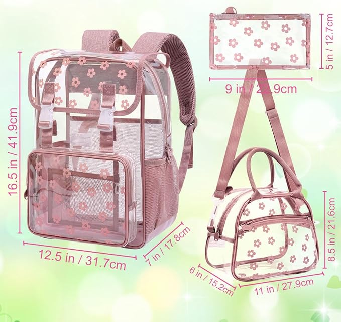 17" Plum Blossom Clear Backpack for Girls - 3Pcs Flip Design Stadium Approved Set, Campus/School Transparent Bookbag (Pink)
