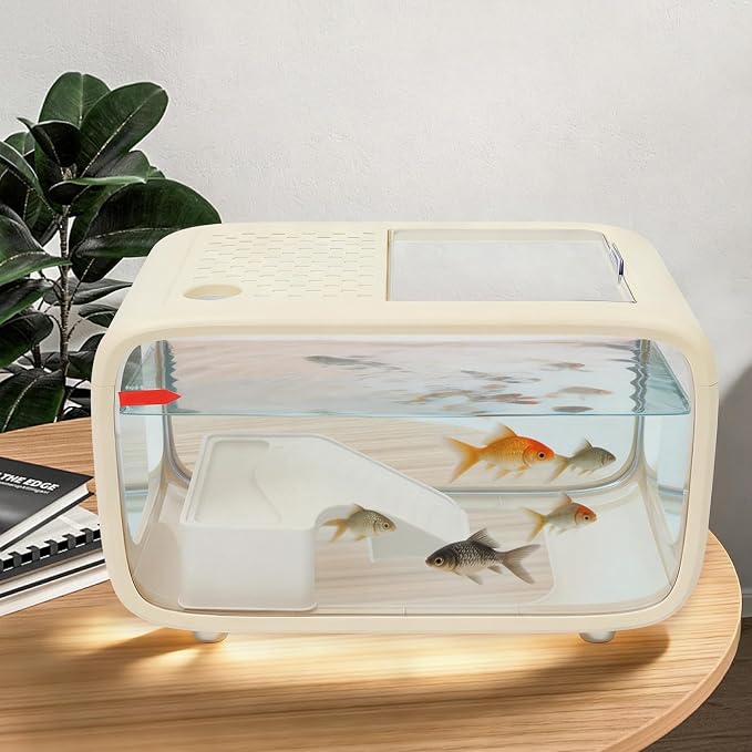 Desktop Fish Tank, 3.17 Gal Fish Tank with Top Feeding Hole, White Aquarium with Climbing Frame for Small Fish, Clear View Betta Tank for Home Office, Easy Maintenance (White)