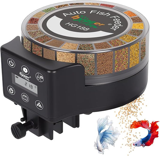 hygger Automatic Fish Feeder for Aquarium: Auto Fish Food Dispenser with LED Display & Timer, Aquarium Vacation Feeder with 3 AA Batteries for Betta Turtle Goldfish