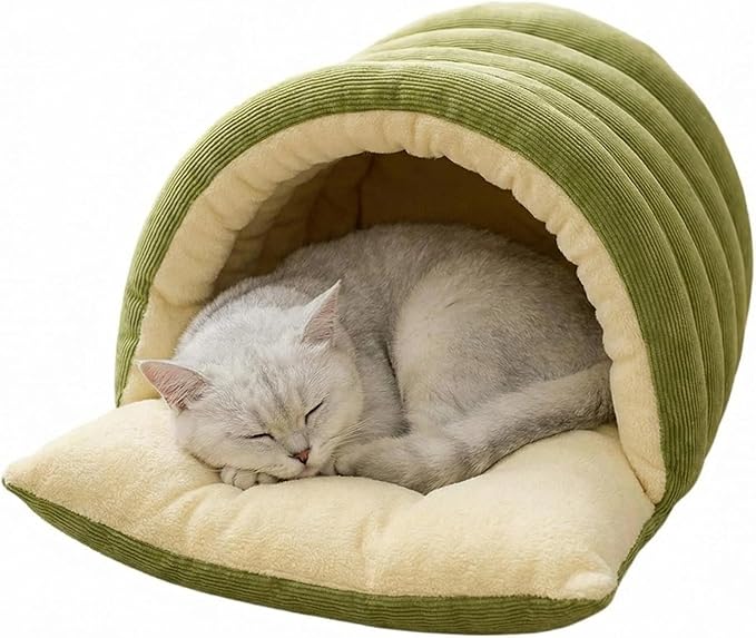 Cat Cave Bed for Indoor, Cat Sleeping Bag,2-in-1 Detachable Cat Bed with Zipper & Snap Buttons, Washable Covered Kitty Tent with Soft Arctic Fleece, Warm Calming Pet Bed for Small Dogs & Cats(Green)