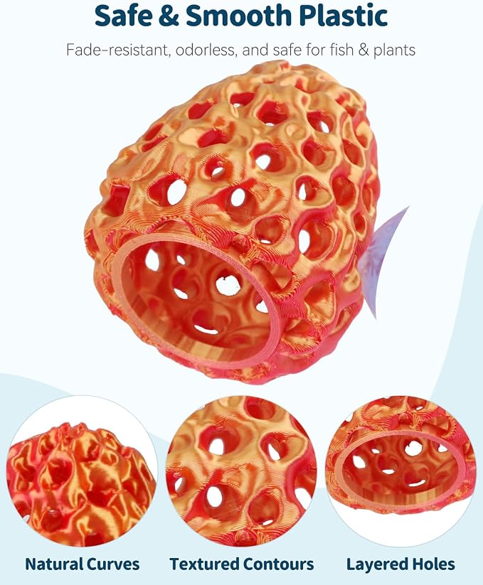 Uniclife Shrimp Cave, Shrimp Hides for Aquarium, Realistic Plastic Aquarium Coral Rock Decorations with Suction Cup, Betta Hideout Tank Accessories for Fish Tank Decor, Red-to-Yellow Gradient