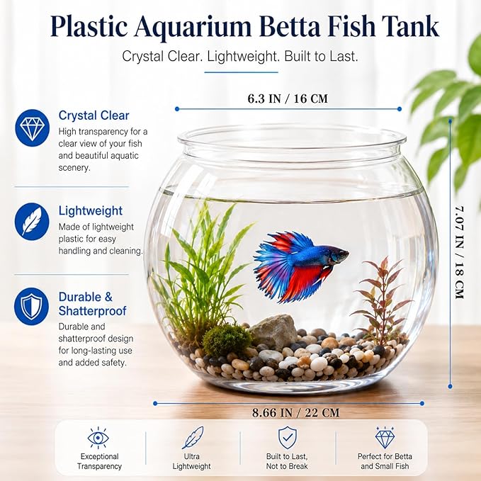 POPETPOP Plastic Aquarium Betta Fish Tank 1 Gallon Clear Goldfish Bowl Unbreakable Round Fish Vases Bowl for Home décor Wedding Event Party Goldfish Lovers
