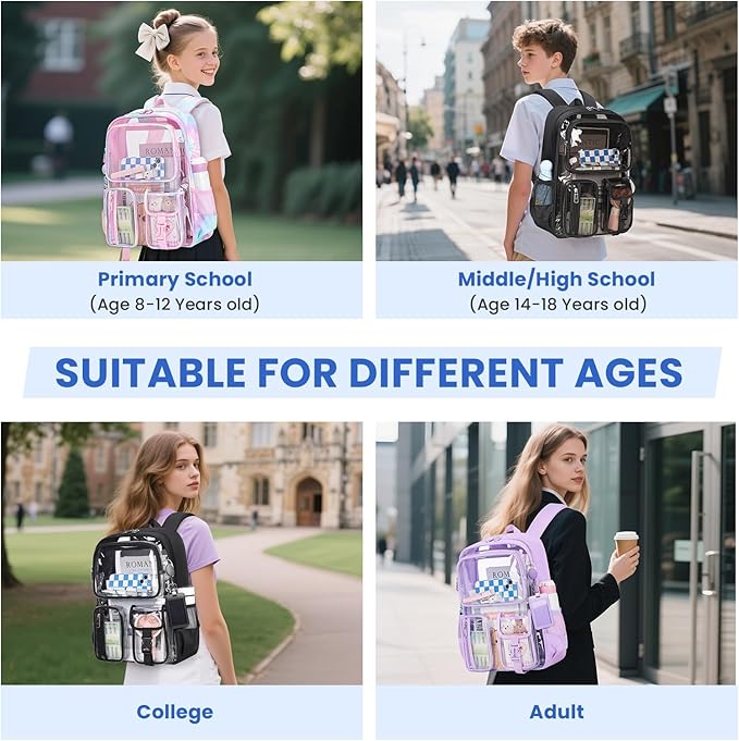 MUSEVOS Clear Backpack for School, Heavy Duty Clear Bookbag for Girls Boys Transparent Backpack with Badge Holder, Black
