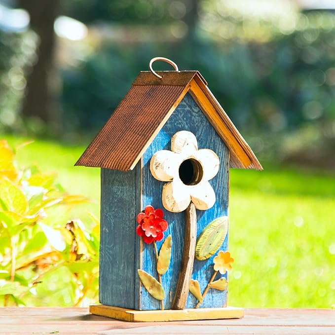 Glitzhome Hanging Bird House for Outdoor, 10.2" H Decorative Birdhouse Pet Cottage Distressed Wooden Bluebird House with 3D Flowers for Outdoor Patio Garden, Washed Blue