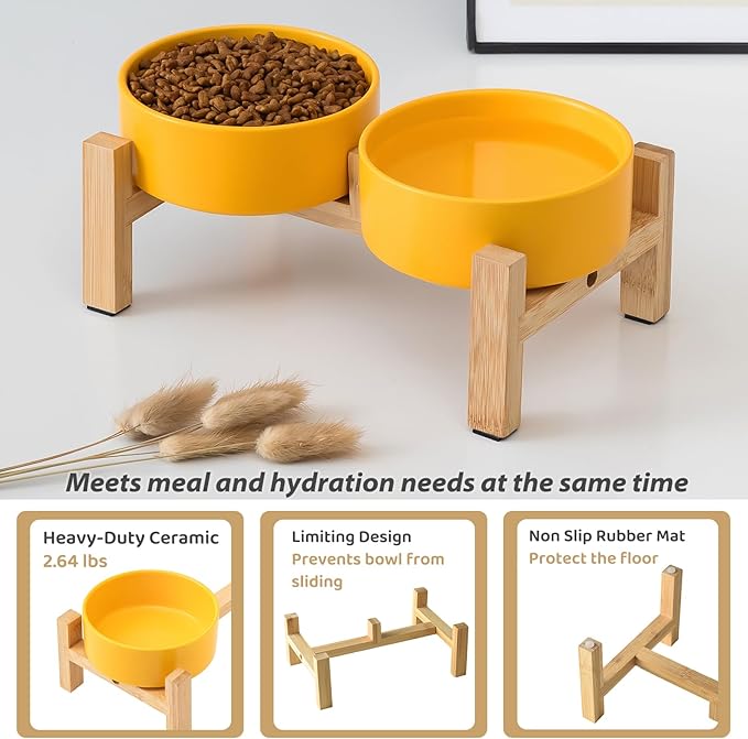 Elevated Ceramic Dog Bowl Set - Raised Dog Bowls with Non Slip Bamboo Stand, Food and Water Bowl Set for Kitty, Cats and Toy Breed Dogs, Pet Bowls, Dogs Dishes (5.1'', 2 * 16OZ, Yellow)