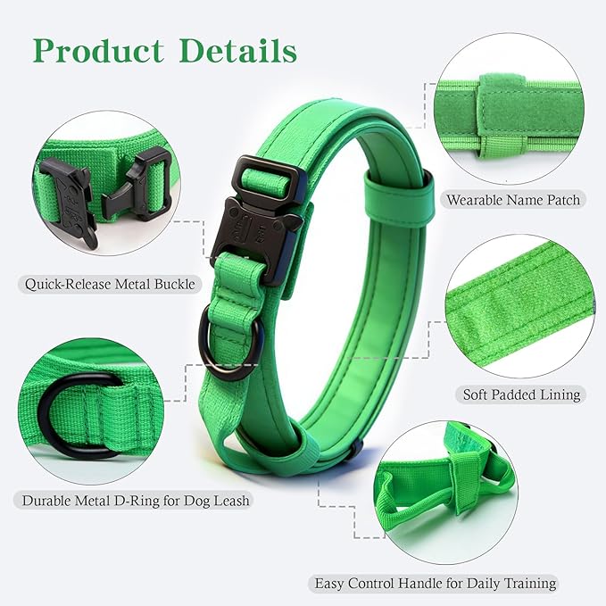 Xqpetlihai Tactical Dog Collar - Adjustable Nylon, Heavy Duty Metal Buckle with Handle for Dog Training (Bright Green, XXL)