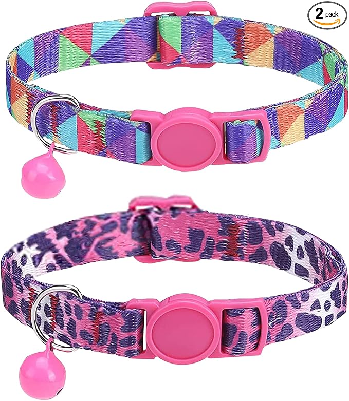 SOLMOONY Cute Cat Collar for Girl Boy,Colorful Breakaway Cat Collars with Bell 2 Pack，Adjustable Printed Nylon with Safety Buckles Kitten Collar (Leopard Print)