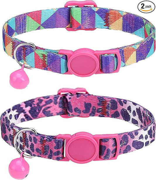 SOLMOONY Cute Cat Collar for Girl Boy,Colorful Breakaway Cat Collars with Bell 2 Pack，Adjustable Printed Nylon with Safety Buckles Kitten Collar (Leopard Print)