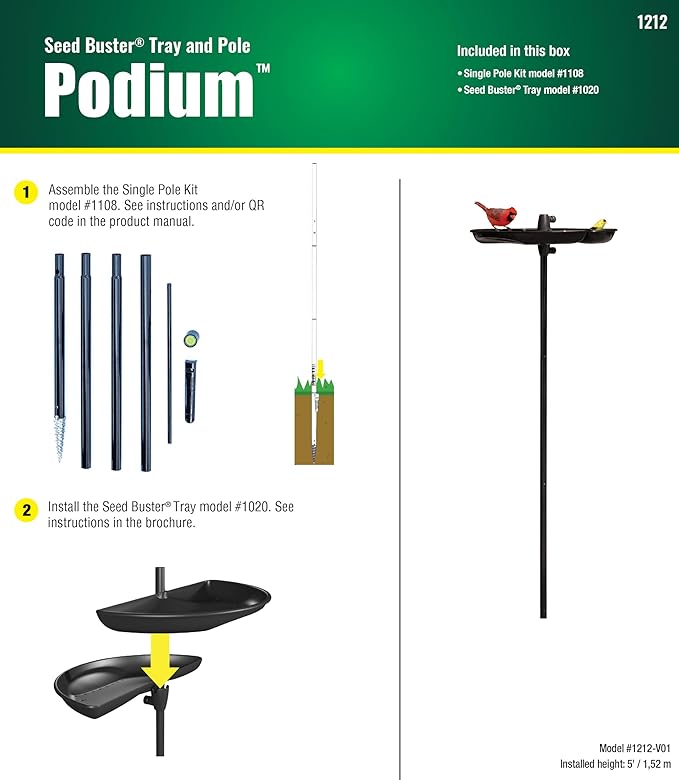 BirdsUP Bird Feeding Kit with Seed Catcher Tray and Single Pole, Reduces Fallen Seed Mess, Attracts Ground Feeding Birds, Easy to Clean Outdoor Design