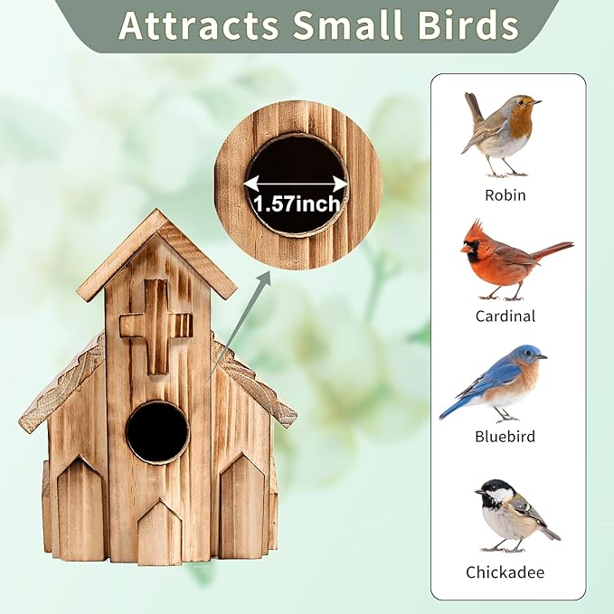 Church Birdhouse for Outside, Wooden Hanging Bird Houses, Weather-Resistant Garden Decor for Bluebird,Sparrow,Finch,Cardinal, Outdoor Bird Nest Box with Predator-Proof Entrance Hole