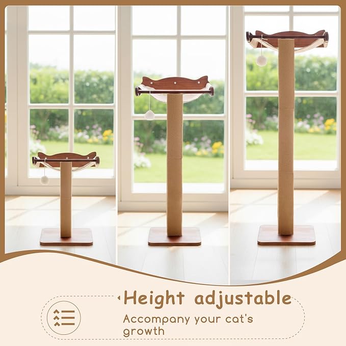 Sintuff Cat Window Perch with Scratching Post Climbing Tree Hammock Mounted with Suction Cups 46 Inch Tall Adjustable Narrow Cat Tree Climbing Pole for Playing Sleeping Watching Birds(Square)