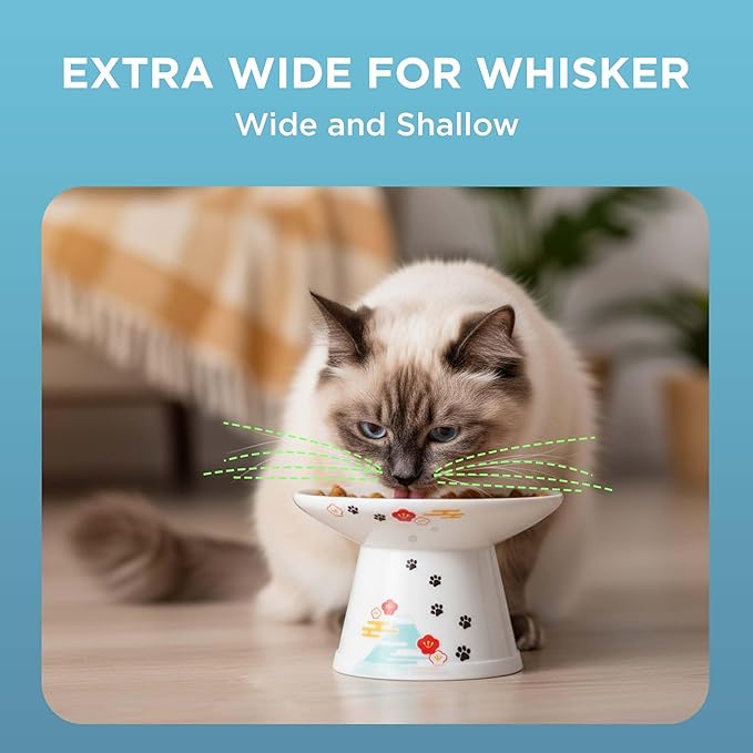 Necoichi Raised Cat Food Bowl – Ceramic Elevated Cat Bowl for Whisker & Neck Fatigue, Dishwasher Microwave Safe – Non-Slip & Anti Vomiting Ergonomic Design (Fuji, Extra Wide, 2-Cups Capacity).