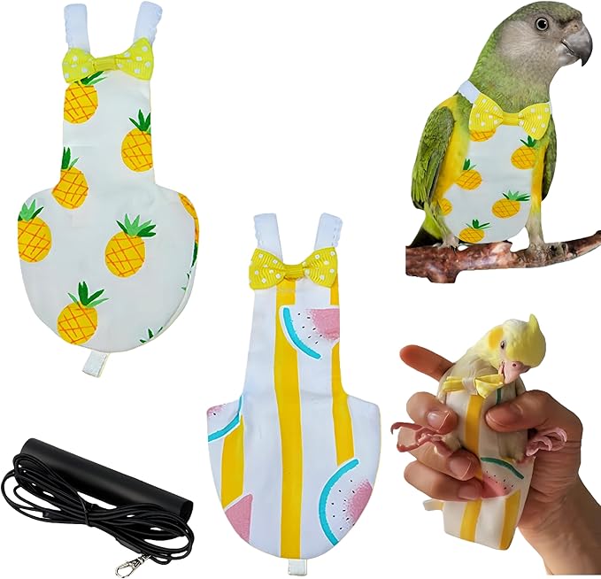 2Pcs Bird Diapers Bird Harness Flight Suits Diapers with 80 Inch Flying Leash Parrot Nappy Washable Cute Urine Wet Suit for Cockatiel Conure Macaw Budgies Parakeet-Pineapple&Watermelon,S