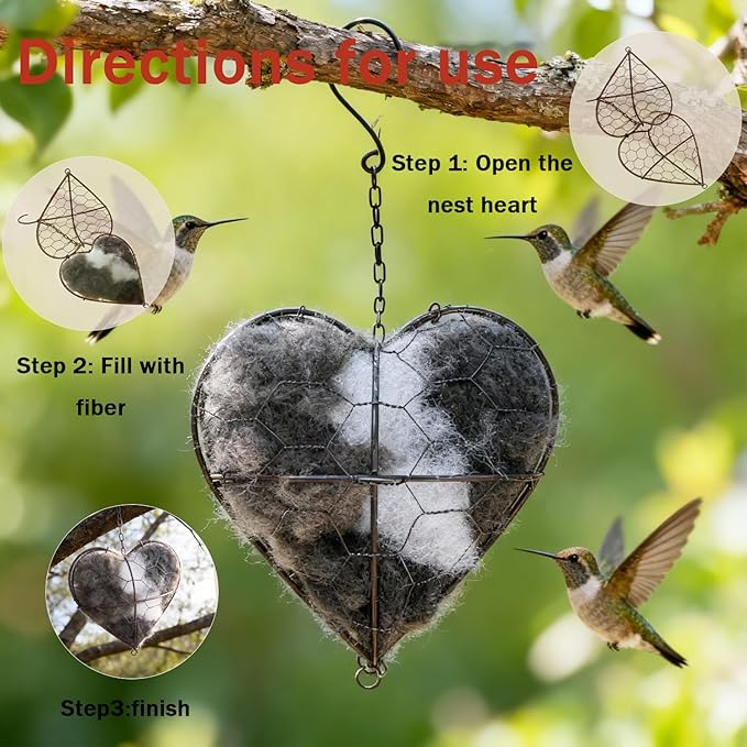 Handmade Fiber Bird Nesting Heart with Filler Pack, Winter Shelter & Decorative Garden Gift for Hummingbirds and Wild Birds