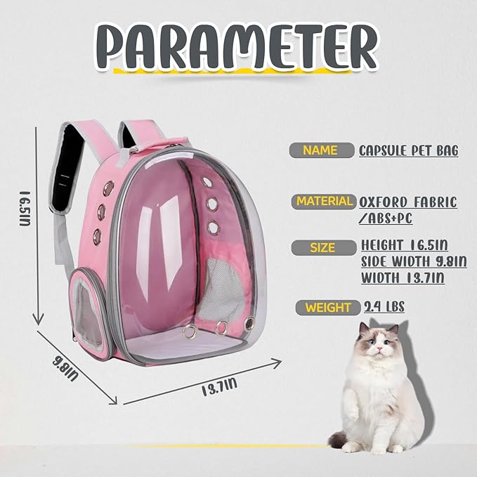 Cat Backpack Bubble, Cats and Dogs Pet Carrier Hard, Suitable for Cats Traveling Cat Bag Carrier, Transparent Outdoor Waterproof Spacecraft Pet Backpack Carrier(Pink)