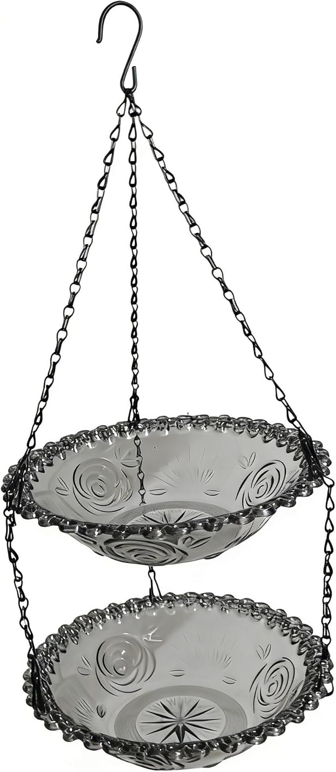 2-Tier Hanging Bird Feeder & Bird Bath, Gray Plastic Hanging Bird Bath for Outside, Outdoor Bird Water Bowl for Garden Yard Patio Decor