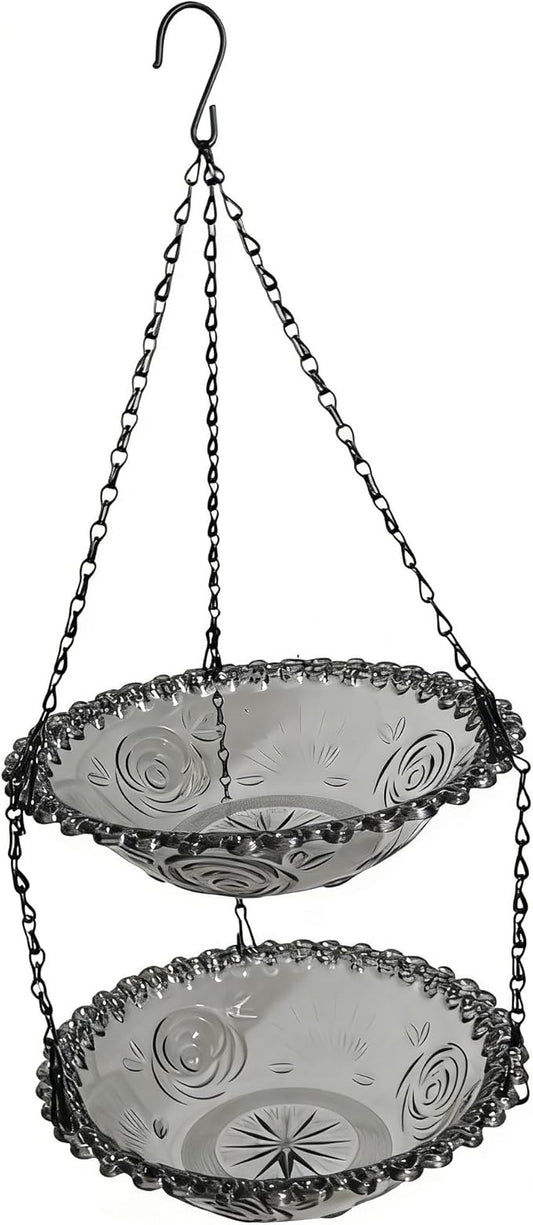 2-Tier Hanging Bird Feeder & Bird Bath, Gray Plastic Hanging Bird Bath for Outside, Outdoor Bird Water Bowl for Garden Yard Patio Decor