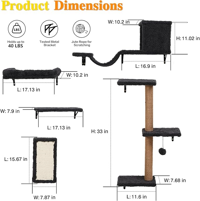 5-in-1 Cat Wall Shelves for Indoor Cats, Wall Mounted Cat Furniture with Bed, Cave, Scratching Post & Perch, Multi-Level Cat Climbing Wall, Space Saving Floating Cat Shelves (Natural Wood Darkgrey)