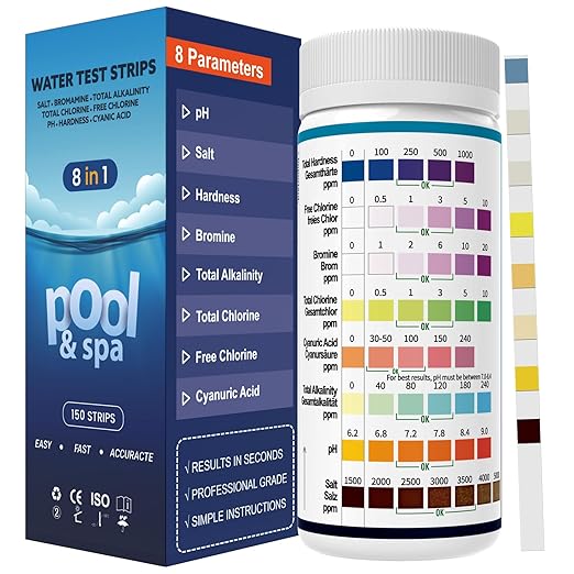 2026 Salt Water 8-in-1 Pool Test Strips Kit | 150 Strips Pool Salt Test Strips | Salt Water Pool Testing Kit for Pools, Hot Tubs & Spas Quick Accurate Tests Salt, Chlorine, pH, Cyanuric Acid