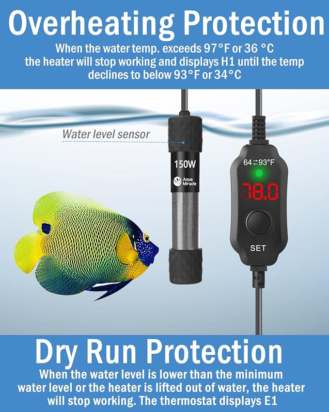 AquaMiracle Aquarium Heater 150W Fish Tank Heater for 15-30 Gal Tanks, LED Digital Display Thermostat Turtle Heater with Out-of-Water Auto Shut-Off, Overheat Protection & Memory Function