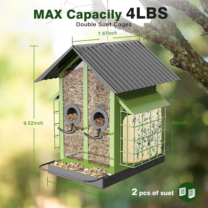 FlowaFoli Bird Feeders for Outdoors, Metal Bird Feeder with Double Suet Cage Weatherproof Metal Roof, 2 in 1 Mixed Seeds Suet Feeder, 4Lbs Large Capacity, Great for Finch、Cardinal、Chickadee（Green）