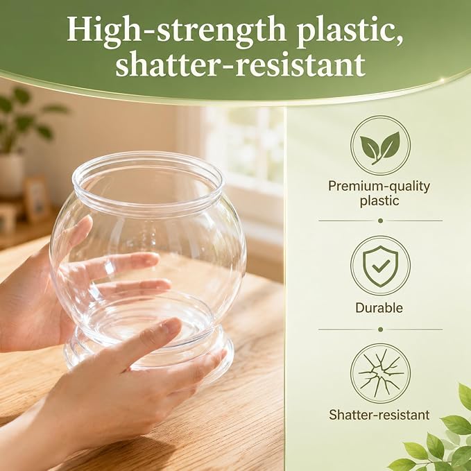 Mini Plastic Fish Bowl with Artificial Aquatic Plants, 27 oz Decorative Fish Bowls Unbreakable Plastic Betta Fishes Tank Clear Round Desktop Vases Bowls for Home Decor, Centerpiece Vases, Candy