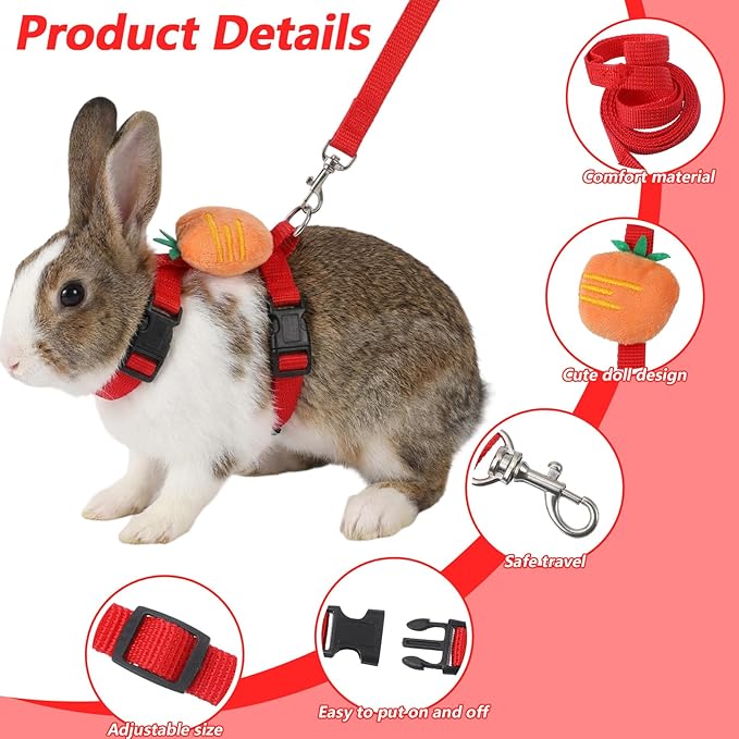 Adjustable Bunny Rabbit Harness and Leash Set, Cute Vest Harness for Small Pets, Guinea Pig, Ferret, Kitten, Puppy, Bunny Accessories for Rabbits