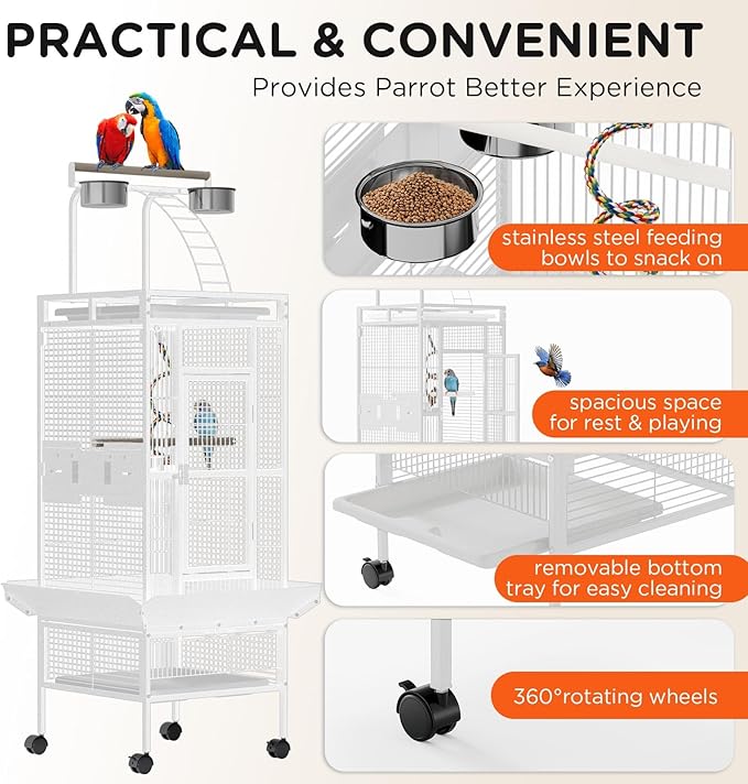 GarveeLife Large Bird Cage 60-inch Playtop Metal Bird Cages with Rolling Stands, Feed Bowls for Parakeets, Conures, Parrot Cage for Medium Large Parrot Cage with Slide-Out Tray Seed Guard, White