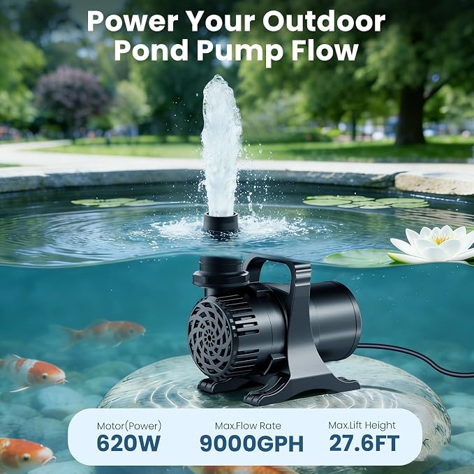 620W 9000 GPH Pond Pump, Commercial Grade Heavy Duty High Flow Submersible Water Pump for Large Ponds, Pools & Tall Waterfalls, Continuous Duty Performance, Includes Filter Bag, UL Listed