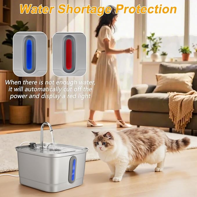SEIRMEP Stainless Steel Cat Water Fountain, 101oz/3L Automatic Pet Water Fountain, Dog Water Fountain with Replacement Filters for Cats, Small Dogs (8 Filters and 8 Sponges)
