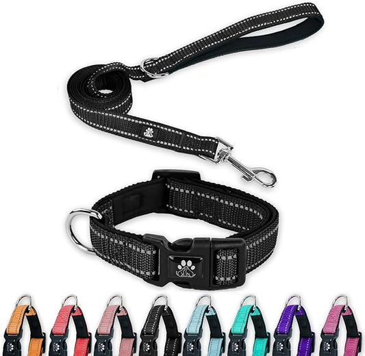 FURRYFECTION Reflective Dog Collar and Leash Set with Quick Release Buckle, Padded with Neoprene Adjustable Nylon Dog Collar for Small Medium and Large Dogs (Large Collar+5FT Leash, Black)