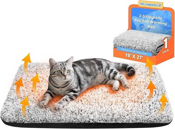 WanpeeGoo Self Warming Pet Bed for Cats & Dogs, Heated Pet Mat, 2.0 Upgraded Thermal Foil Heating Pad, Plush Self-Heating Bed for Crate, Floor, with Removable Washable Cover, Non-Slip, Gray, 18"x27"