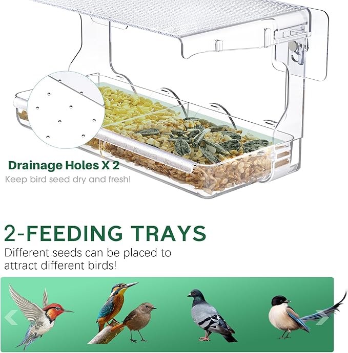 SUNALLY Window Bird Feeder for Outdoors, Clear Birds Feeders Window Mounted with Self-Adhesive Hooks, Outside Wild Bird Watching for Hummingbird,Finch in Garden, Yard, Elderly Kids Viewing