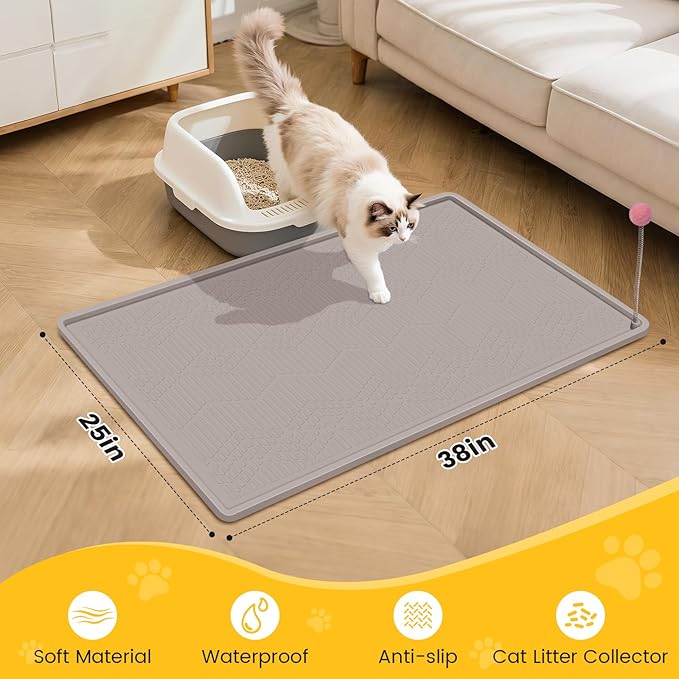 Cat Litter Mat, 38"X25" Large Litter Box Mat, Waterproof and Easy to Clean Silicone Cat Mat for Litter Box, Mat Litter Trapping Mat for Scatter Control, Keep the Floor Clean (Khaki)
