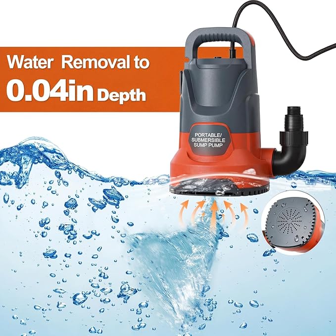 Sump Pump 1HP Submersible Water Pump 3700GPH Electric Portable Transfer Water Pump for Pool Draining Basement, Light Orange