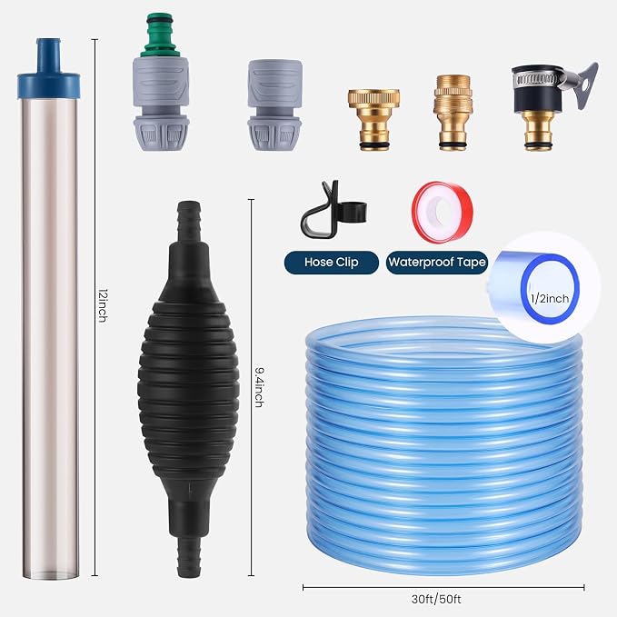 Fish Tank Vacuum Gravel Cleaner Gravel Vacuum for Aquarium 30 Feet | Siphon Aquarium Water Changer for Fish Tank with Four Faucet Adapter and Long Hose