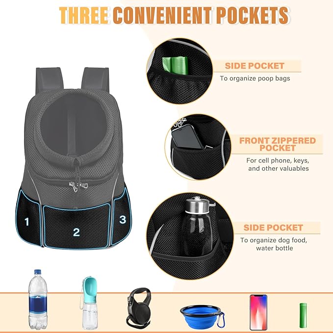 YUDODO 4-8lbs Dog Front Carrier Backpack, Adjustable Breathable Pet Carrier for Small Dogs, Ventilated Puppy Back Pack with Safety Belt, Lightweight Doggy Backpack for Hiking Outdoor (Jet Black, M)